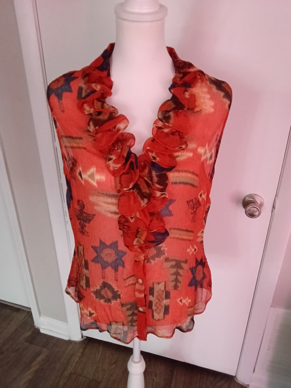 Polo by Ralph Lauren Red Ruffled Sleeveless Printed Blouse